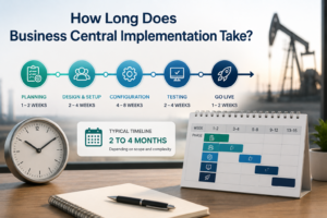 Business Central implementation timeline represented by an hourglass, rising blocks, and an upward progress arrow.