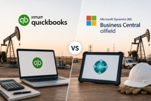 QuickBooks vs Business Central oilfield comparison showing accounting, job costing, field service management, scalability, and integration for oilfield service companies.