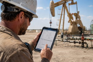 paperless field ticketing oilfield worker using a tablet at an oilfield service site